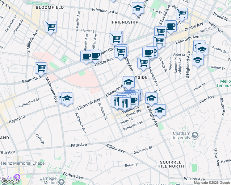 map of restaurants, bars, coffee shops, grocery stores, and more near 5510 Ellsworth Avenue in Pittsburgh