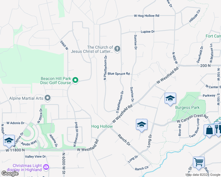map of restaurants, bars, coffee shops, grocery stores, and more near 23 North Matterhorn Drive in Alpine
