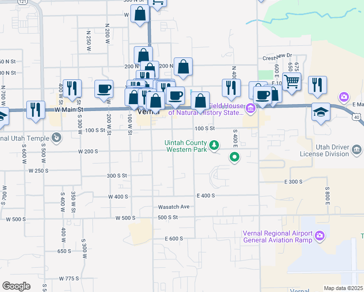 map of restaurants, bars, coffee shops, grocery stores, and more near 145 East 200 South in Vernal