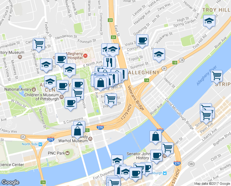 map of restaurants, bars, coffee shops, grocery stores, and more near Middle St & Avery St in Pittsburgh