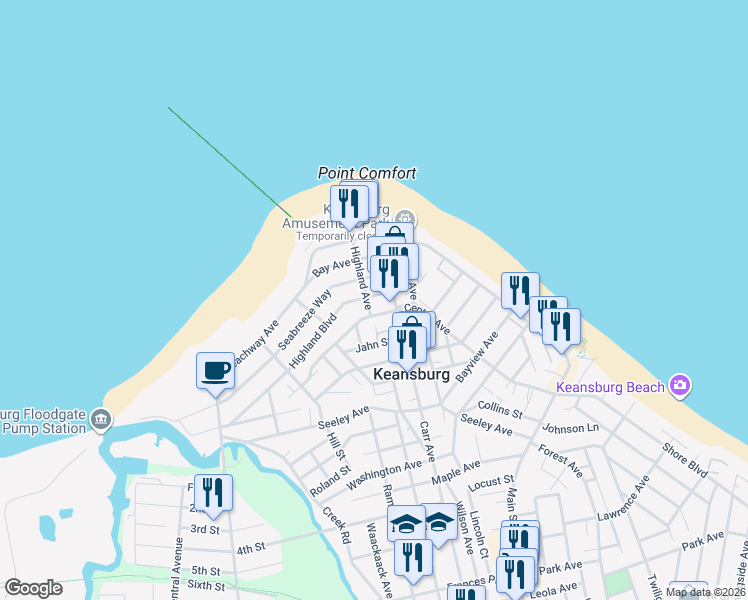 map of restaurants, bars, coffee shops, grocery stores, and more near 40 Highland Avenue in Keansburg