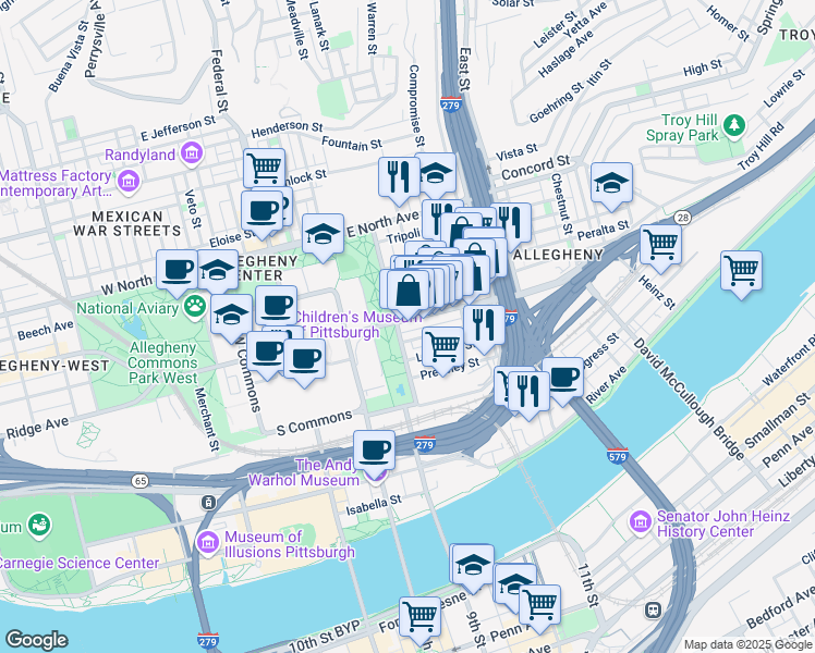 map of restaurants, bars, coffee shops, grocery stores, and more near 416 East Ohio Street in Pittsburgh