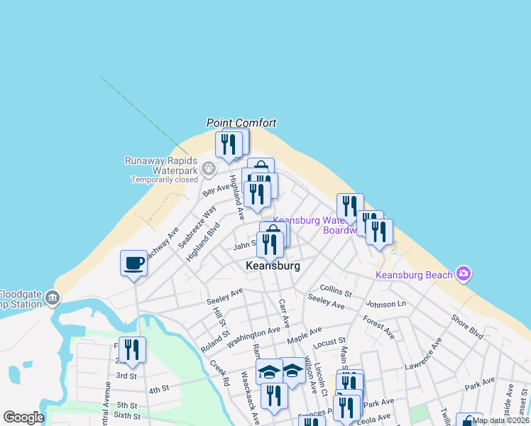 map of restaurants, bars, coffee shops, grocery stores, and more near 54 Carr Avenue in Keansburg