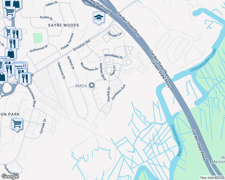 map of restaurants, bars, coffee shops, grocery stores, and more near 139 Gawron Court in Sayreville