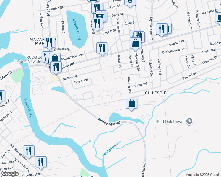 map of restaurants, bars, coffee shops, grocery stores, and more near 105 Winkler Road in Sayreville