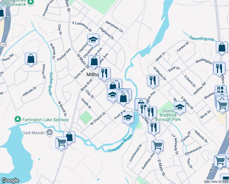 map of restaurants, bars, coffee shops, grocery stores, and more near 101 North Main Street in Milltown