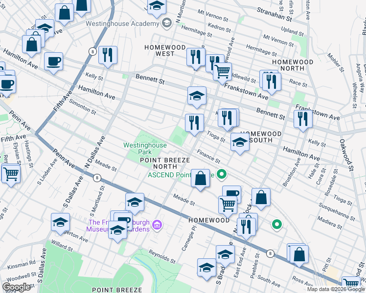 map of restaurants, bars, coffee shops, grocery stores, and more near in Pittsburgh
