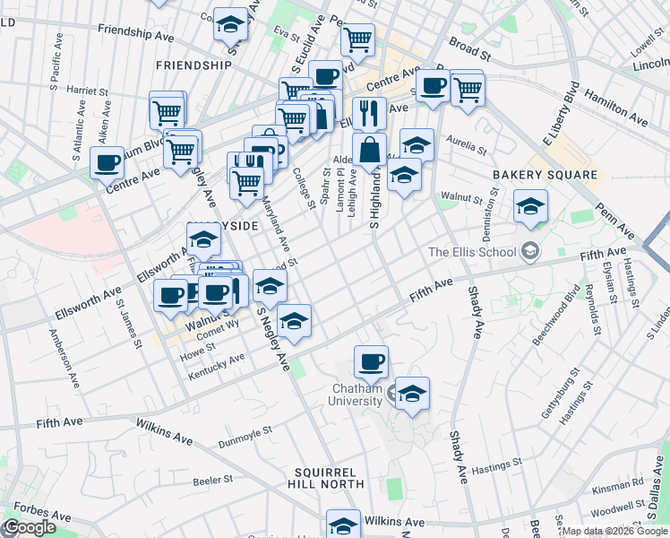map of restaurants, bars, coffee shops, grocery stores, and more near 5841 Walnut Street in Pittsburgh