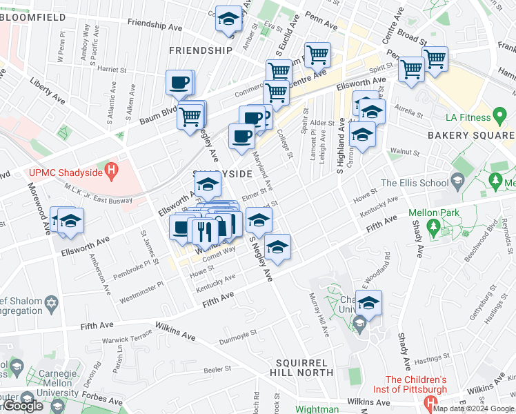 map of restaurants, bars, coffee shops, grocery stores, and more near 705 Summerlea Street in Pittsburgh