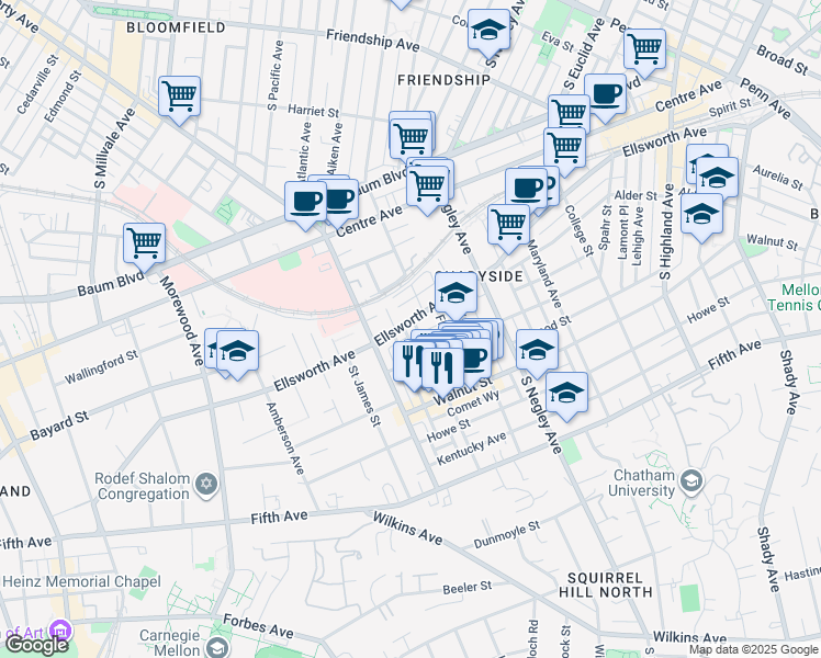 map of restaurants, bars, coffee shops, grocery stores, and more near 5510 Ellsworth Avenue in Pittsburgh
