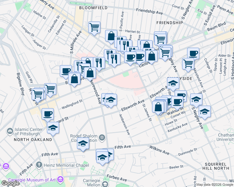 map of restaurants, bars, coffee shops, grocery stores, and more near 401 Amberson Avenue in Pittsburgh