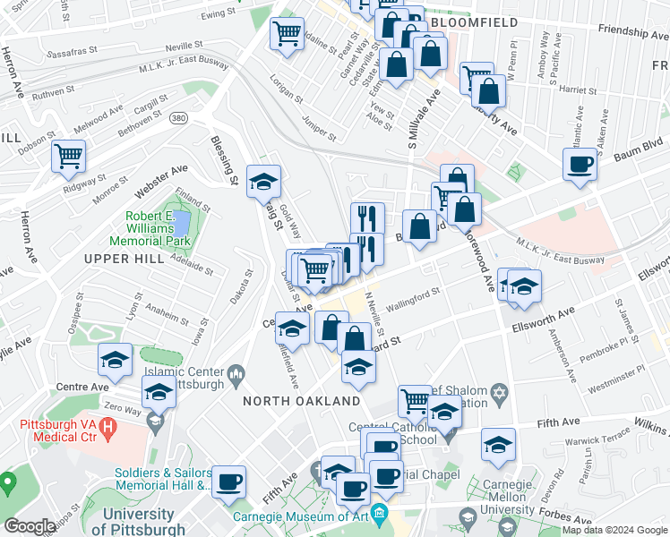 map of restaurants, bars, coffee shops, grocery stores, and more near 346 Melwood Avenue in Pittsburgh
