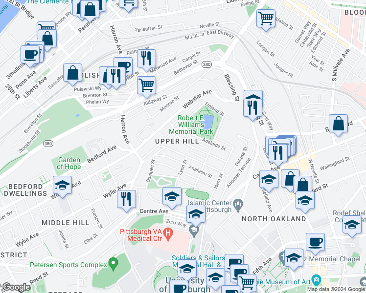 map of restaurants, bars, coffee shops, grocery stores, and more near in Pittsburgh