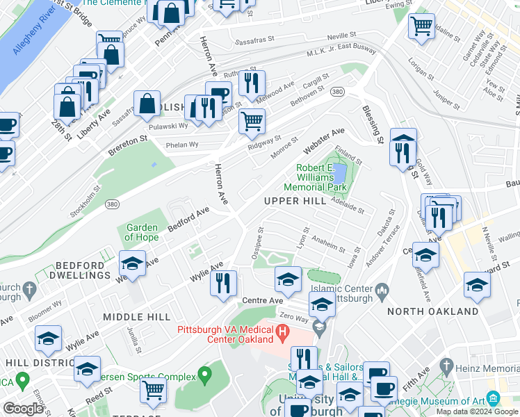 map of restaurants, bars, coffee shops, grocery stores, and more near 3340 1/2 Webster Avenue in Pittsburgh