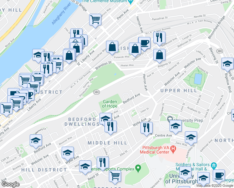 map of restaurants, bars, coffee shops, grocery stores, and more near 2829 Bedford Avenue in Pittsburgh