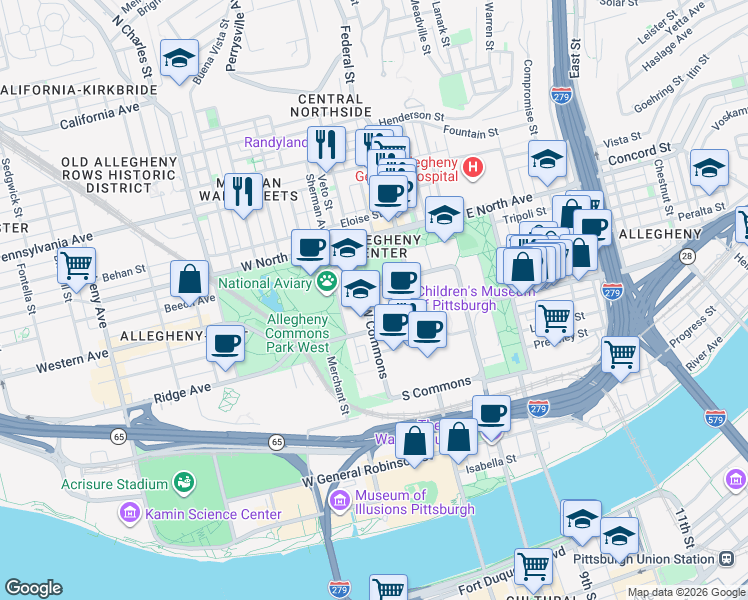 map of restaurants, bars, coffee shops, grocery stores, and more near 10 Children's Way in Pittsburgh