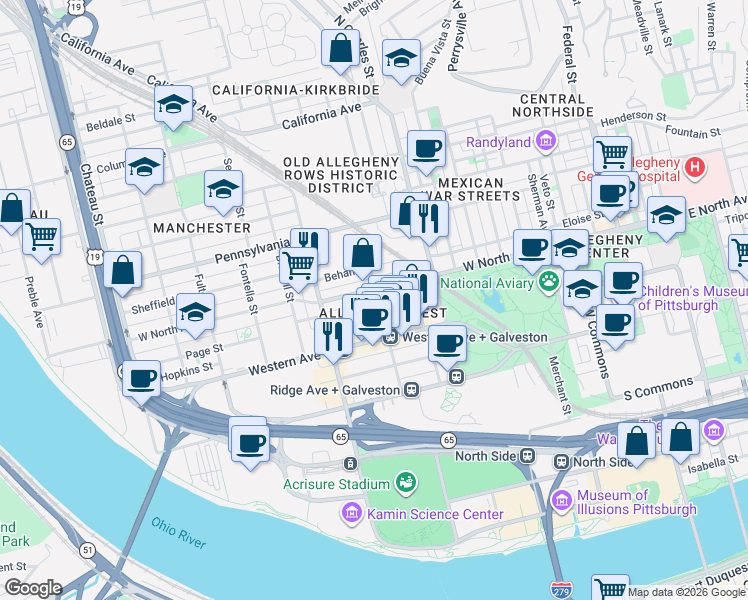 map of restaurants, bars, coffee shops, grocery stores, and more near 907 West North Avenue in Pittsburgh