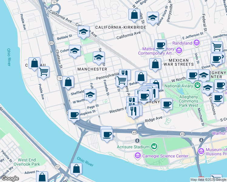 map of restaurants, bars, coffee shops, grocery stores, and more near 1123 Sheffield Street in Pittsburgh