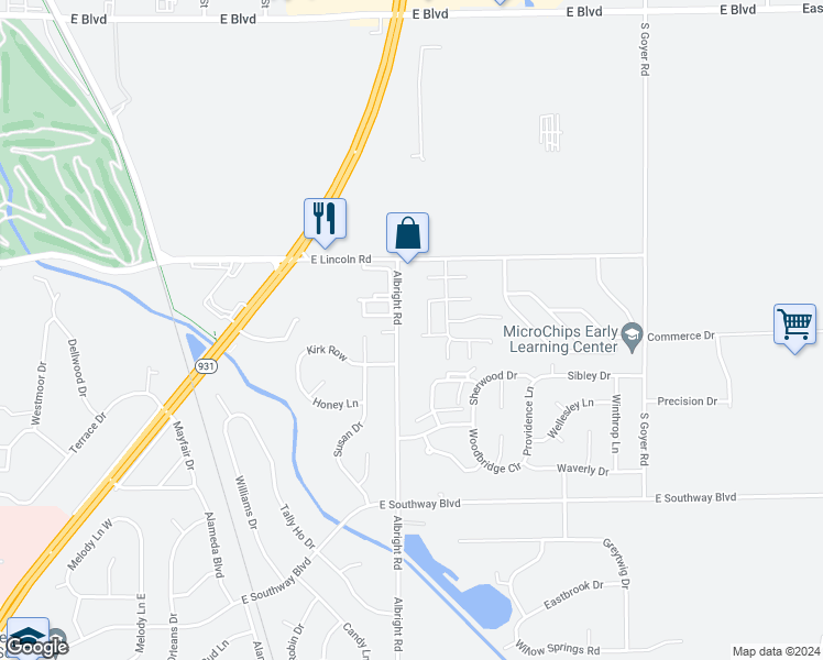 map of restaurants, bars, coffee shops, grocery stores, and more near 2620 Albright Road in Kokomo