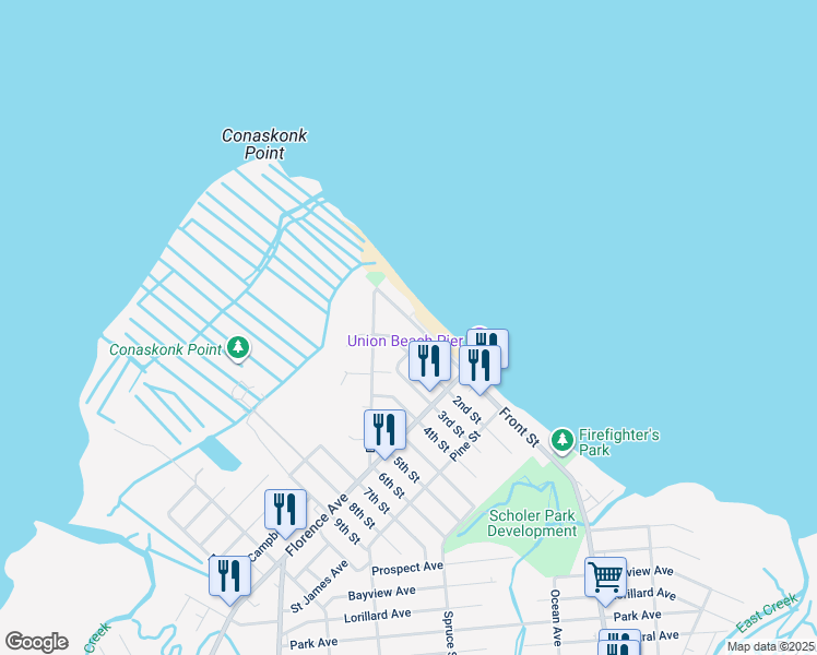 map of restaurants, bars, coffee shops, grocery stores, and more near 334 Front Street in Union Beach