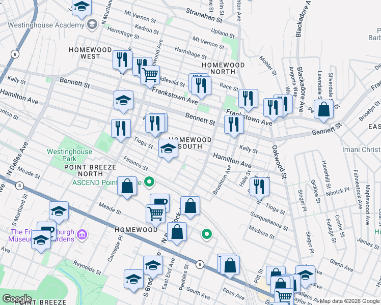 map of restaurants, bars, coffee shops, grocery stores, and more near in Pittsburgh