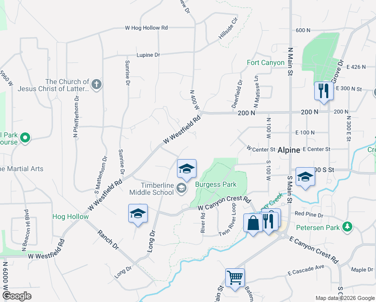 map of restaurants, bars, coffee shops, grocery stores, and more near 4 Long Drive in Alpine