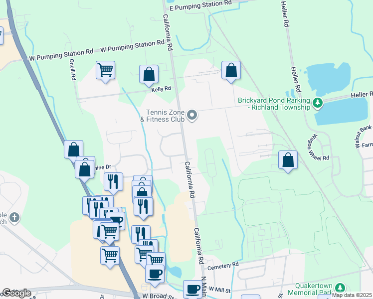 map of restaurants, bars, coffee shops, grocery stores, and more near 365 California Road in Quakertown