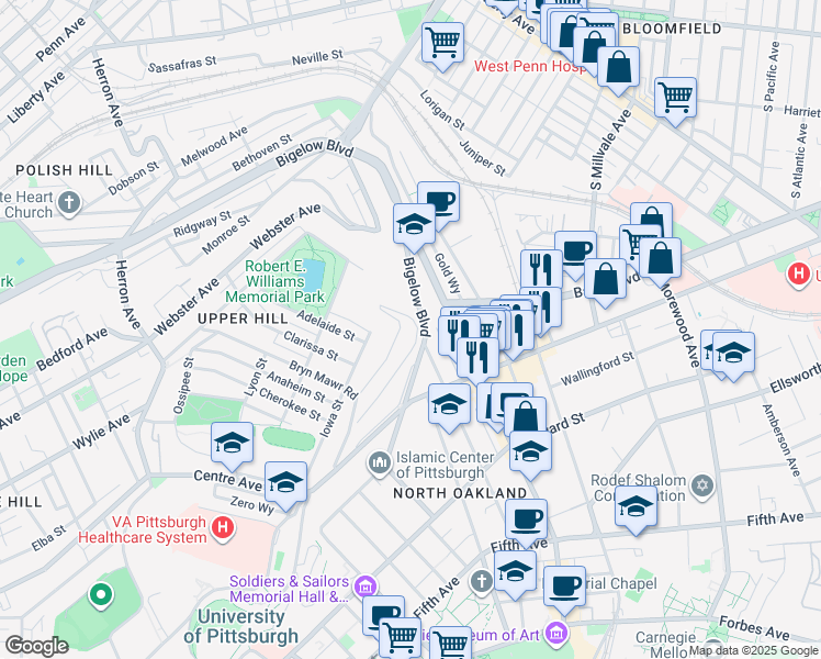 map of restaurants, bars, coffee shops, grocery stores, and more near 4355 Andover Terrace in Pittsburgh