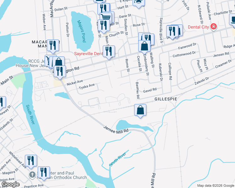 map of restaurants, bars, coffee shops, grocery stores, and more near 105 Winkler Road in Sayreville