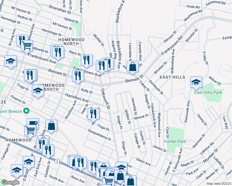 map of restaurants, bars, coffee shops, grocery stores, and more near 711 Singer Place in Pittsburgh
