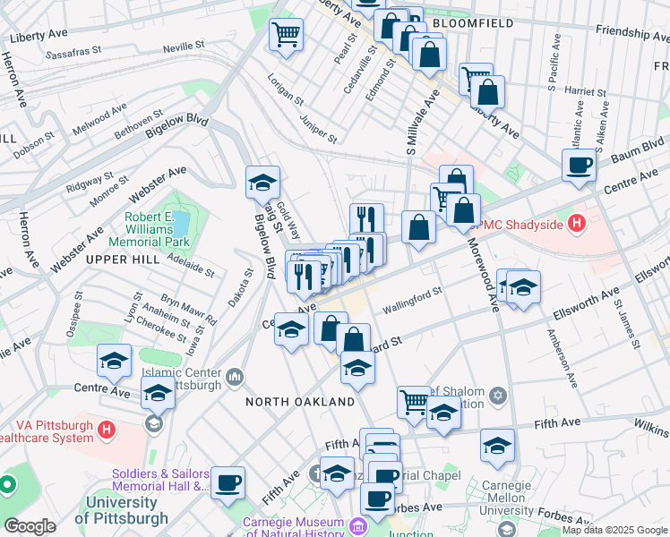 map of restaurants, bars, coffee shops, grocery stores, and more near 330 Melwood Avenue in Allegheny