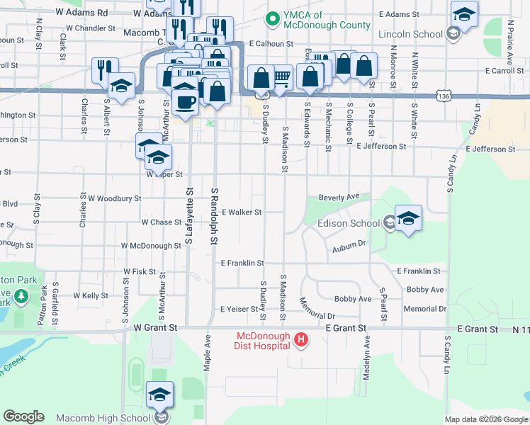 map of restaurants, bars, coffee shops, grocery stores, and more near 500 South Dudley Street in Macomb