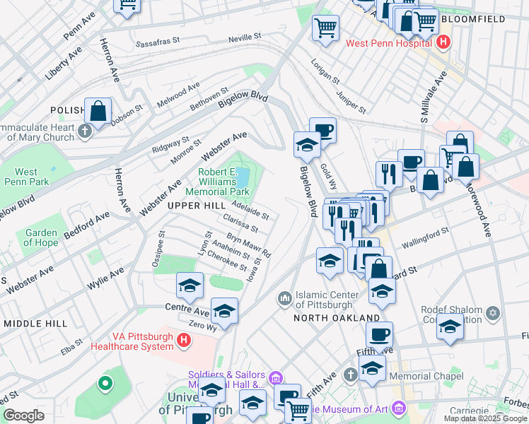 map of restaurants, bars, coffee shops, grocery stores, and more near 907 Adelaide Street in Pittsburgh