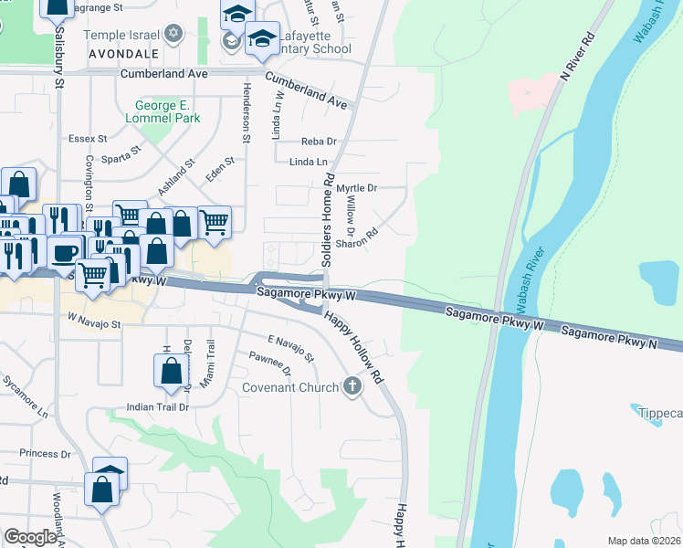 map of restaurants, bars, coffee shops, grocery stores, and more near 2552 Soldiers Home Road in West Lafayette