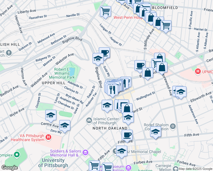 map of restaurants, bars, coffee shops, grocery stores, and more near in Pittsburgh