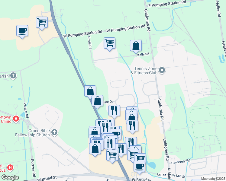 map of restaurants, bars, coffee shops, grocery stores, and more near 131 Cypress Drive in Quakertown