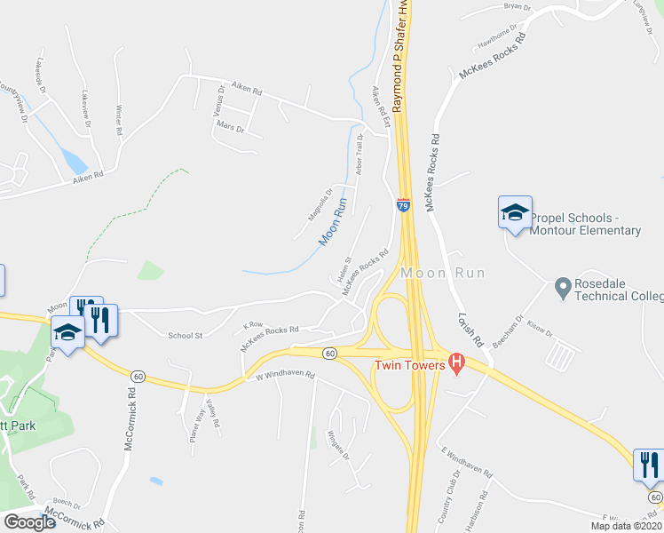 map of restaurants, bars, coffee shops, grocery stores, and more near 2403 Helen Street in McKees Rocks