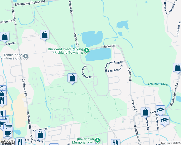 map of restaurants, bars, coffee shops, grocery stores, and more near 121 Horseshoe Drive in Quakertown