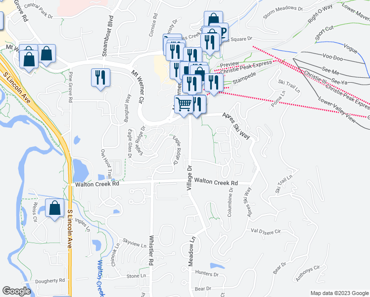 map of restaurants, bars, coffee shops, grocery stores, and more near 2780 Eagle Ridge Drive in Steamboat Springs