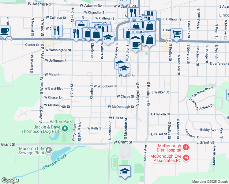 map of restaurants, bars, coffee shops, grocery stores, and more near 510 South Johnson Street in Macomb
