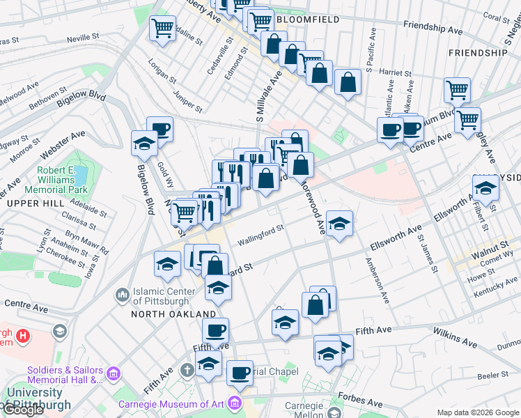 map of restaurants, bars, coffee shops, grocery stores, and more near Centre Avenue & South Millvale Avenue in Pittsburgh