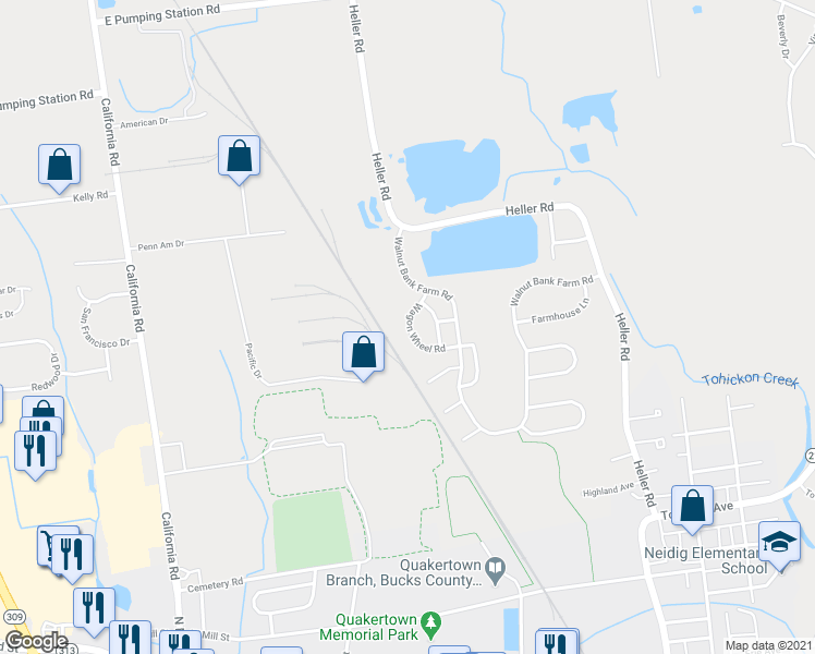 map of restaurants, bars, coffee shops, grocery stores, and more near 59 Wagon Wheel Road in Quakertown