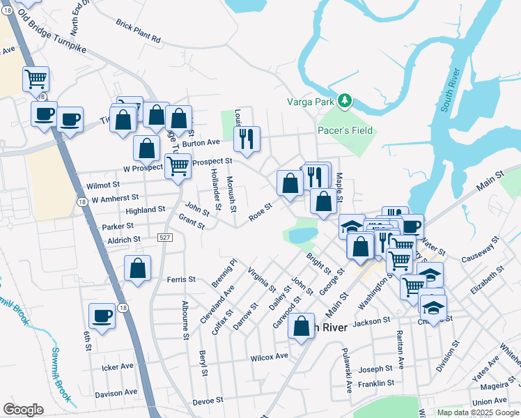 map of restaurants, bars, coffee shops, grocery stores, and more near 10 Rose Street in South River