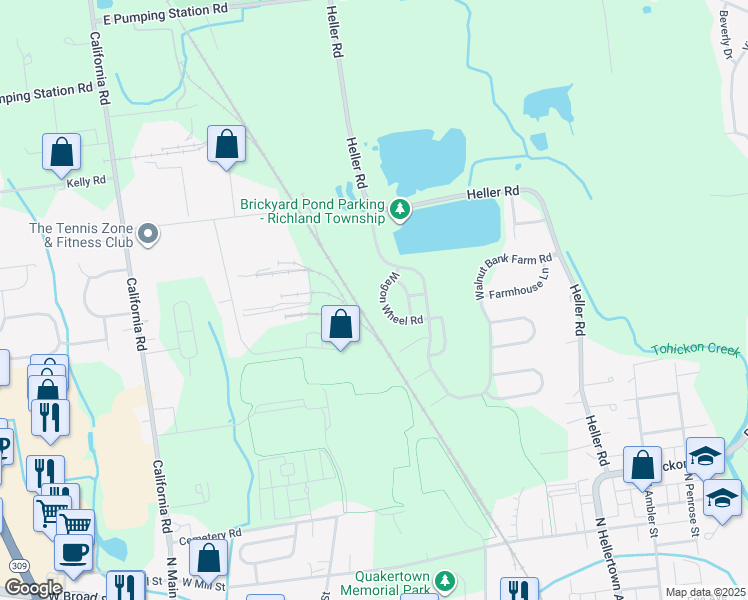 map of restaurants, bars, coffee shops, grocery stores, and more near 59 Wagon Wheel Road in Quakertown