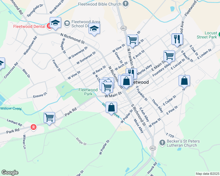 map of restaurants, bars, coffee shops, grocery stores, and more near 128 West Washington Street in Fleetwood