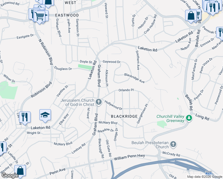 map of restaurants, bars, coffee shops, grocery stores, and more near 1718 Atkinson Place in Pittsburgh