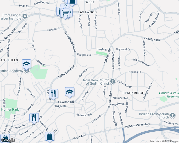 map of restaurants, bars, coffee shops, grocery stores, and more near 2188 Vantine Street in Pittsburgh