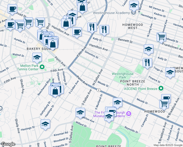 map of restaurants, bars, coffee shops, grocery stores, and more near 6822 Thomas Boulevard in Pittsburgh