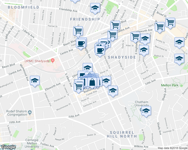 map of restaurants, bars, coffee shops, grocery stores, and more near 5611 Elmer Street in Pittsburgh
