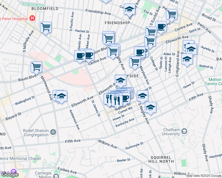 map of restaurants, bars, coffee shops, grocery stores, and more near 5510 Ellsworth Avenue in Pittsburgh